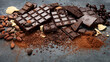 Cacao beans and chocolate on gray background.