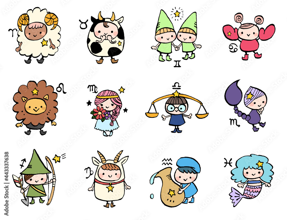 十二星座のかわいい手描きイラストセット Stock Illustration