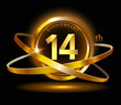 14th anniversary with gold ring graphic elements on black background