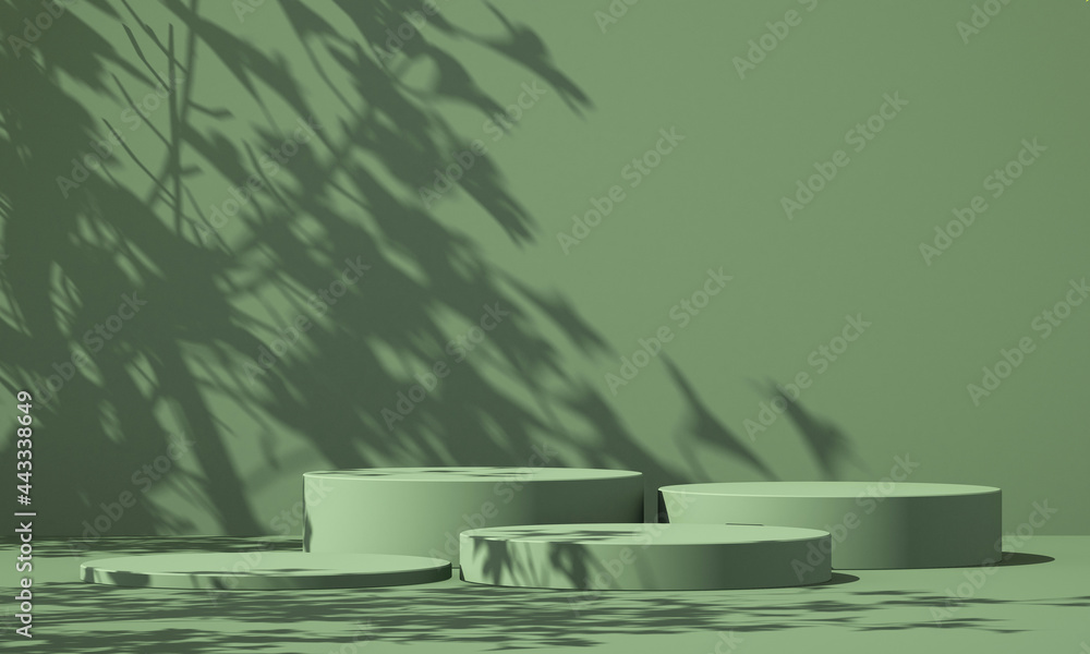 3D green product podium display with green background and tree shadow ...