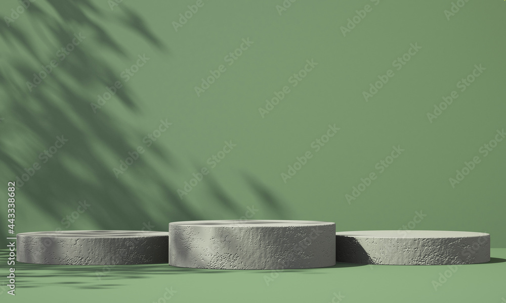 3D green product podium display with green background and tree shadow ...