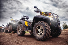 ATV Quad Bike On Forest Offroad, Front View. Concept Motocross Quadricycle Summer Travel