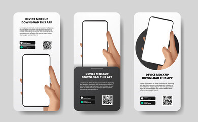 social media stories banner advertising for downloading app for mobile phone, hand holding smartphone. Download buttons with scan qr code template. 3D perspective phone