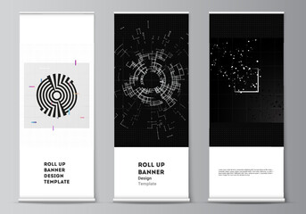 Wall Mural - Vector layout of roll up design templates for vertical flyers, flags design templates, banner stands. Black color technology background. Digital visualization of science, medicine, tech concept.