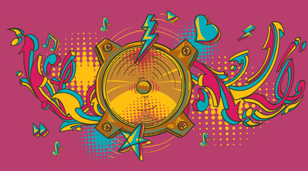 Sticker - Funky drawn loudspeaker and notes, colorful musical design