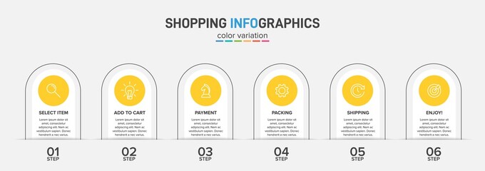 Concept of shopping process with 6 successive steps. Six colorful graphic elements. Timeline design for brochure, presentation, web site. Infographic design layout.