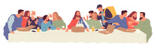 People Sitting At Table With Food Delivered By Courier From Food Delivery Service. Illustration Based On Leonardo Da Vinci Painting The Last Supper