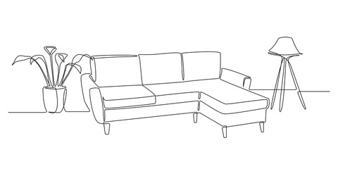 Aufkleber - One continuous line drawing of couch or sofa with lamp and potted plant. Modern scandinavian furniture in simple linear style. Editable stroke Vector illustration
