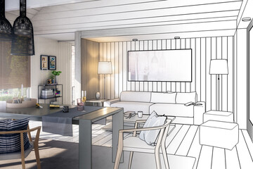 Wall Mural - Modern Furnishings Inside an Attic Designed in White Wood (conception) - 3D Visualization