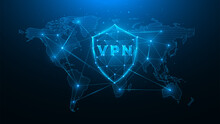 Polygonal Vector Illustration Of The Virtual Private Network, Shield With Vpn And World Map, Concept Of Protecting User Data Around The World.