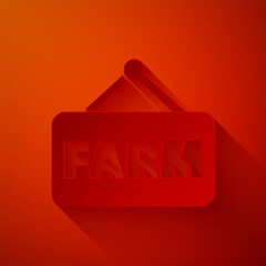 Sticker - Paper cut Signboard with text Farm icon isolated on red background. Paper art style. Vector