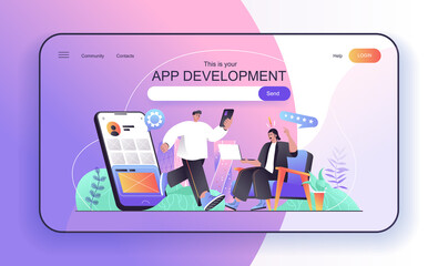 Aufkleber - This is your App development concept for landing page. Developers create and optimization mobile applications and programs web banner template. Vector illustration in flat cartoon design for web page