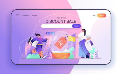 This is your Discount Sale concept for landing page. Woman makes purchases at discounted prices, buyer shopping at store web banner template. Vector illustration in flat cartoon design for web page