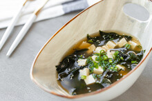 Japanese Miso Soup In A White Bowl On The Table