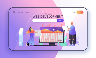 This is your Web Development concept for landing page. Designers create page layout, programming, optimization and testing web banner template. Vector illustration in flat cartoon design for web page