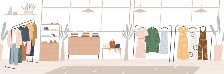 Modern showroom interior with fashion accessories and clothes on hanger racks and shelves. Inside empty boutique shop with furniture and stuff. Horizontal flat vector illustration of retail store