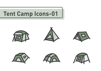 Tent camp flat line icon set isolated on white background ep01