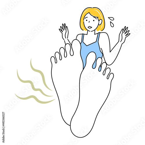 スキンケア 自分の足が臭くて驚き悲しんでいる可愛い女性 足裏のアップ イラスト ベクター Skin Care A Pretty Woman Surprised And Saddened By The Smell Of Her Own Feet Sit Cross Legged Illustration Vector Wall Mural みやもとかずみ