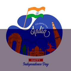 Sticker - Indian Independence Day celebrations background with waving flag, India Gate, Qutub Minar, Taj Mahal, Indian Famous Monuments.