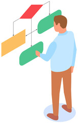 Man looking at whiteboard with schemes vector, programmer examining charts and info on board. Male character is considering color block diagram with information, analyzes data, research project