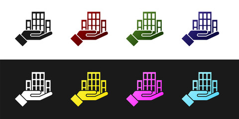 Sticker - Set Skyscraper icon isolated on black and white background. Metropolis architecture panoramic landscape. Vector