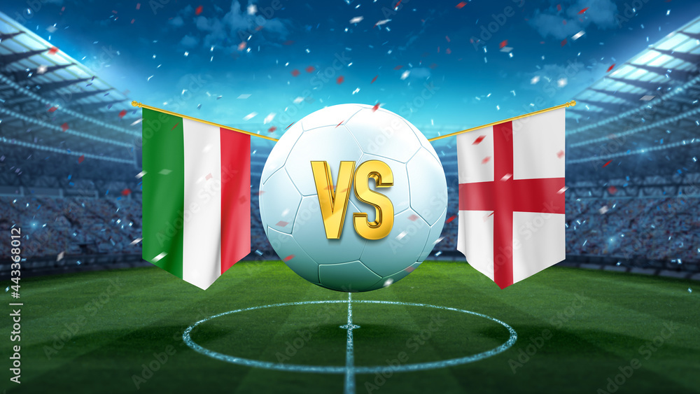 Italy vs England. Soccer concept. White soccer ball with the flag in the stadium, 2021. 3d render - obrazy, fototapety, plakaty 