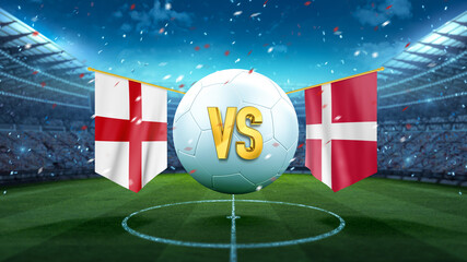 England vs Denmark. Soccer concept. White soccer ball with the flag in the stadium, 2021. 3d render