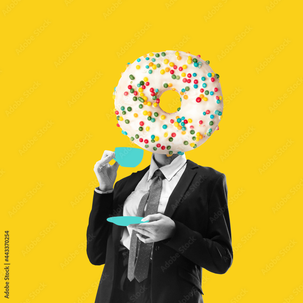 Composition with female body headed of sweet donut isolated on yellow neon background. Contemporary art collage, modern design. - obrazy, fototapety, plakaty 
