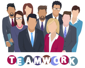 Wall Mural - Business team ready to work. Teamwork. Coworkers characters communication. Team building and business partnership. Businessmen people cooperation collaboration. Office workers clerks standing together