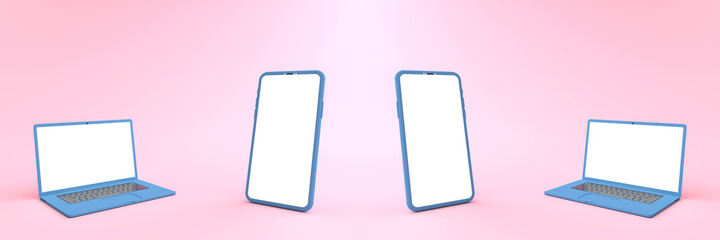 Wall Mural - 3d rendering of mockup blue smartphone white screen opposite of mock up of blue laptop white screen 