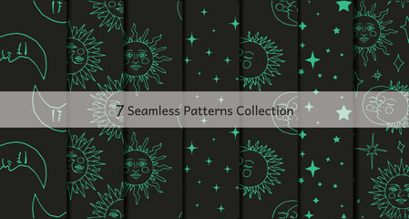 Wall Mural - Monochrome seamless patterns set with black ink hand drawn sun, moon and stars on black background. Celestial bodies repeat textures. Vector illustration.