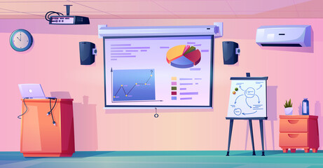 Interior of modern classroom of school, college or university. Empty room with whiteboard and charts, laptop and projector. Meeting or conference hall in business office. Flat cartoon style vector