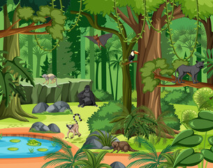 Poster - Tropical rainforest scene with various wild animals