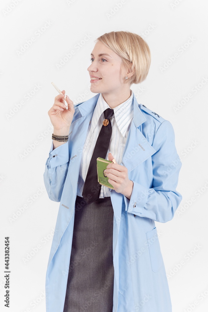German Assistant Gunner Woman actor reenactor in historical clothes, assistant at the ...