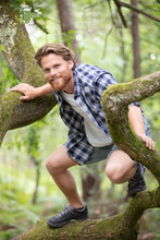 Happy Man Is Climbing A Tree