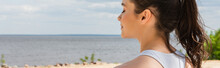 Young Brunette Woman With Closed Eyes Meditating Outside, Banner