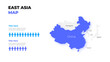 East Asia vector map infographic template divided by countries. Slide presentation. Statistic elements