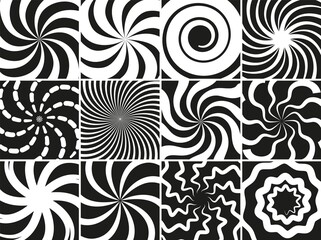 Wall Mural - Hypnotic shapes collection. Radial black white abstract spirals, geometric circular swirls vector set