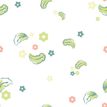 Vector Colorful Cute Flowers With Leaves On White Seamless Pattern Background. Perfect For Fabric, Scrapbooking And Wallpaper Projects.