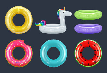 Poster - Swimming rings. Colored inflatable safety rubber donut equipment for water vacation summer attractions symbols decent vector realistic collection