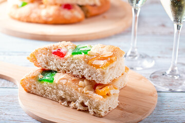 Coca de Sant Joan on wooden board, closeup shot