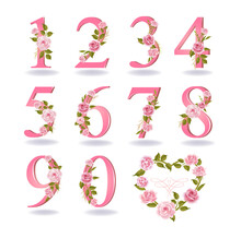 Collection Of Numbers Decorated With Roses, Leaves, Branches