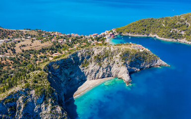 Aerial panoramic view of Assos village coast. Kefalonia island, Greece. Travel summer vocation concept