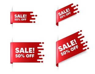 Wall Mural - Sale 50 percent off discount. Red ribbon tag banners set. Promotion price offer sign. Retail badge symbol. Sale sticker ribbon badge banner. Red sale label. Vector