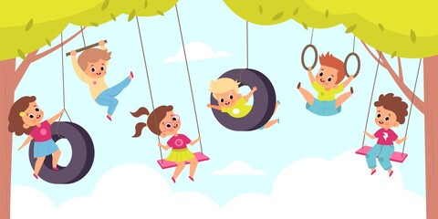 rope swing. happy cute children hang on swings, outdoor kids games, little boys and girls altitude f