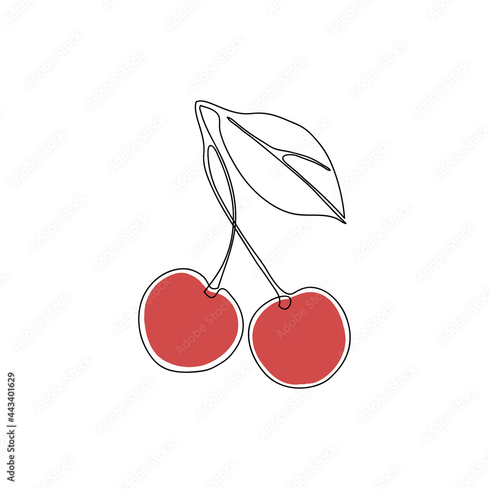 Continuous line drawing of cherry with leaf. Fresh and healthy food ...