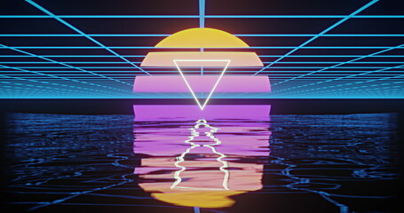 Sticker - Image of white triangle over glowing yellow to purple circle over blue grid reflected in water