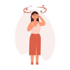 Young shocked moman having dyzzy symptom, stars spinning around her head. Vector illustratin in trendy live flat style. Vertigo, dizziness, healthcare, sickness, disease concept, isolated on a white