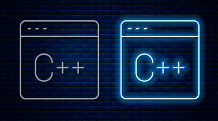 Glowing neon line Software, web developer programming code icon isolated on brick wall background. Javascript computer script random parts of program code. Vector