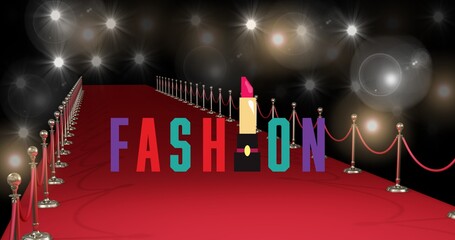 Composition of fashion text on red carpet at fashion show, on black background